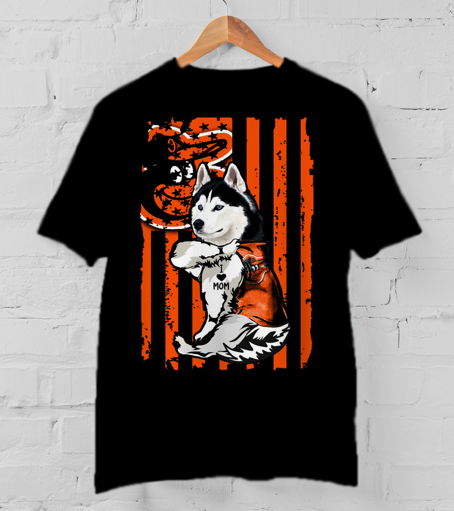 Siberian Husky Baltimore Orioles Dog Mom USA Flag T-Shirt