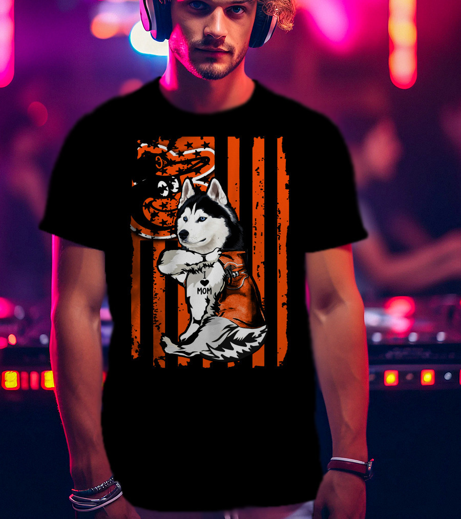 Siberian Husky Baltimore Orioles Dog Mom USA Flag T-Shirt