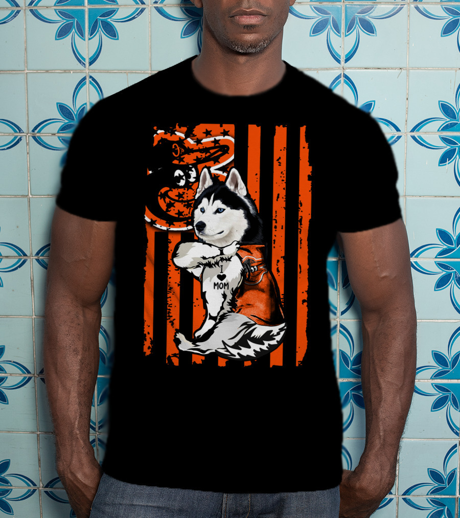 Siberian Husky Baltimore Orioles Dog Mom USA Flag T-Shirt