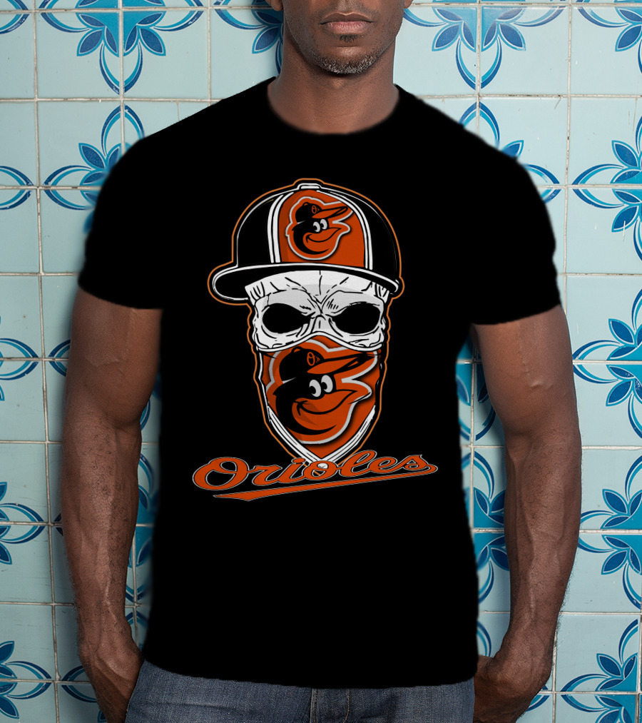 Skull Face Mask Baltimore Orioles Logo Hat T-Shirt