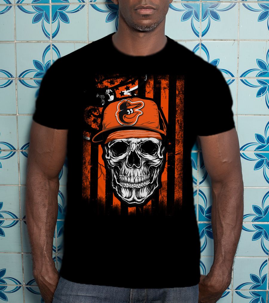 Baltimore Orioles Skull With Logo Cap T-Shirt