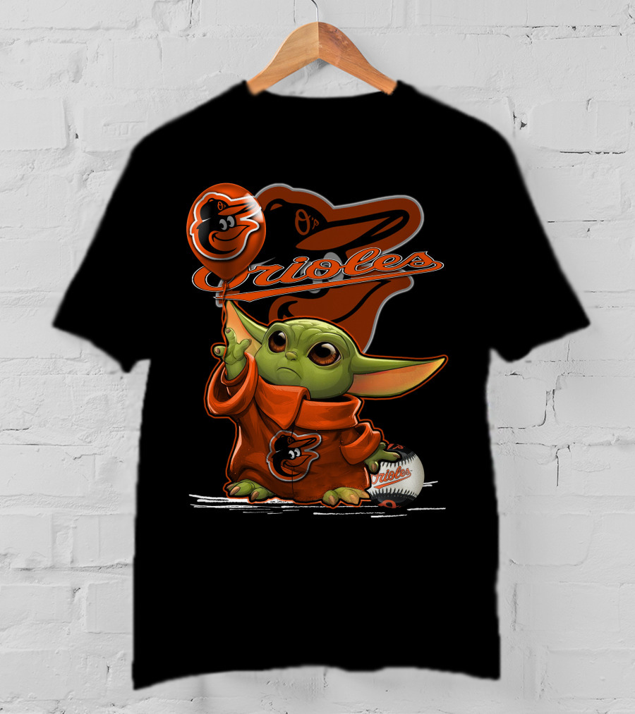 Yoda Holding Baltimore Orioles Balloon With Logo And Baseball T-Shirt