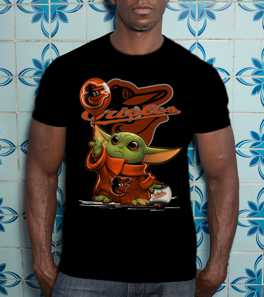 Yoda Holding Baltimore Orioles Balloon With Logo And Baseball T-Shirt