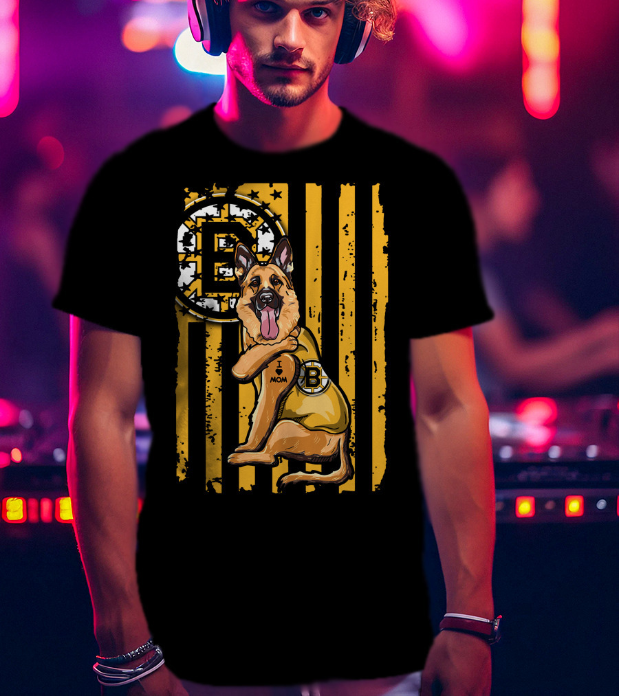 German Shepherd I Love Mom Boston Bruins Hockey Fan T-Shirt