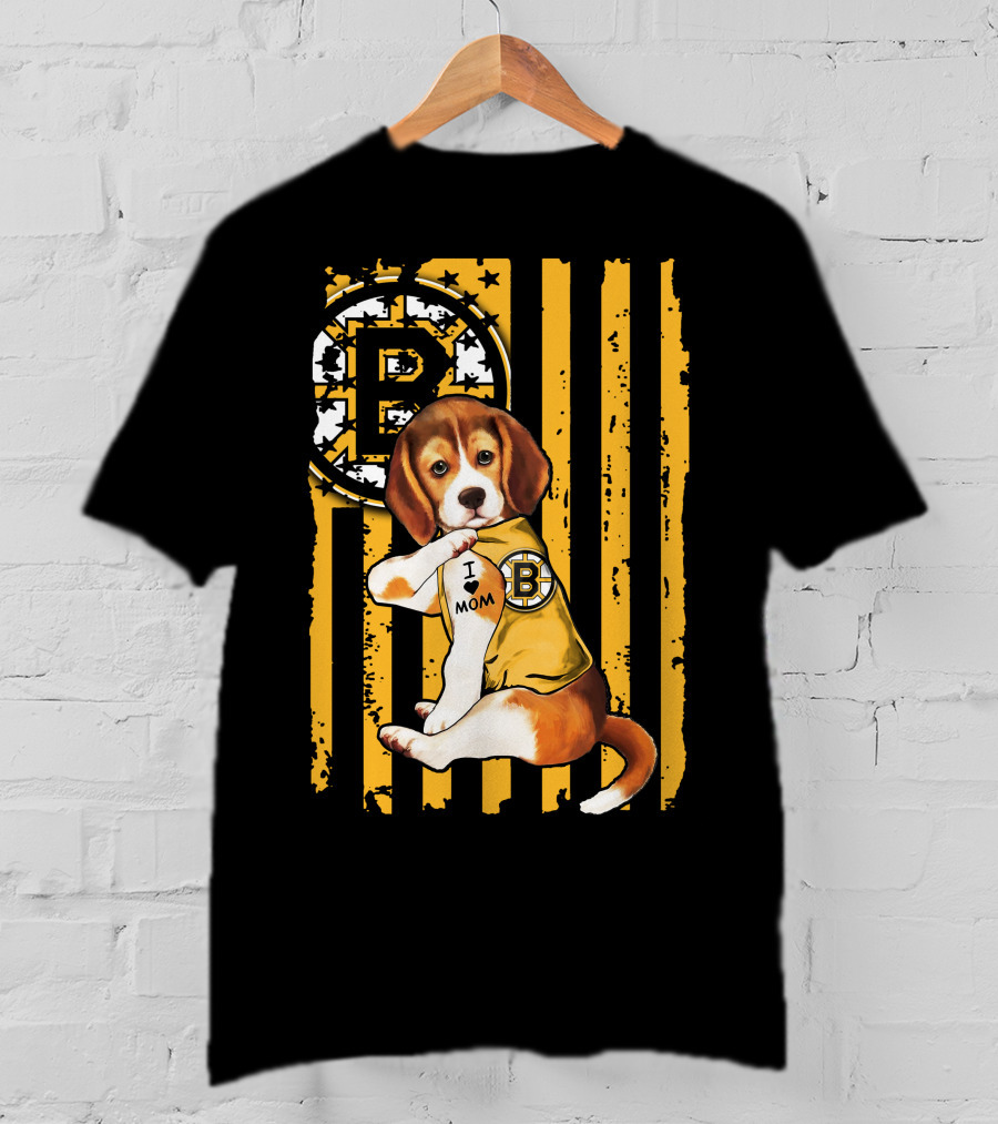 Beagle Puppy I Love Mom Boston Bruins Fan T-Shirt