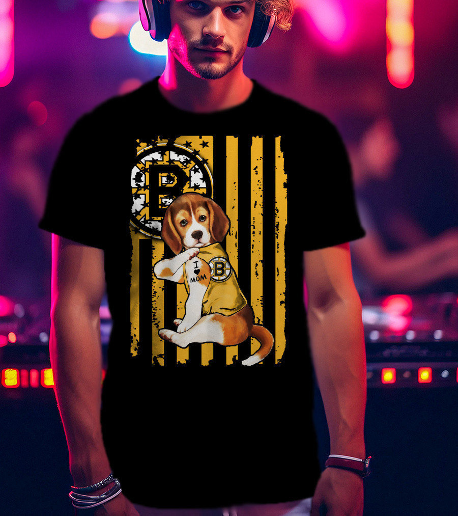 Beagle Puppy I Love Mom Boston Bruins Fan T-Shirt