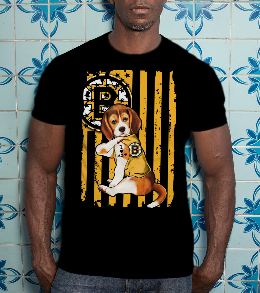 Beagle Puppy I Love Mom Boston Bruins Fan T-Shirt