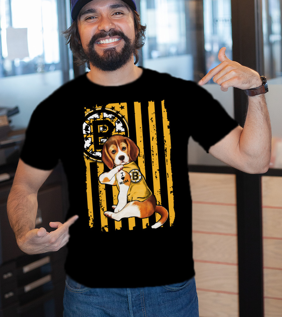 Beagle Puppy I Love Mom Boston Bruins Fan T-Shirt