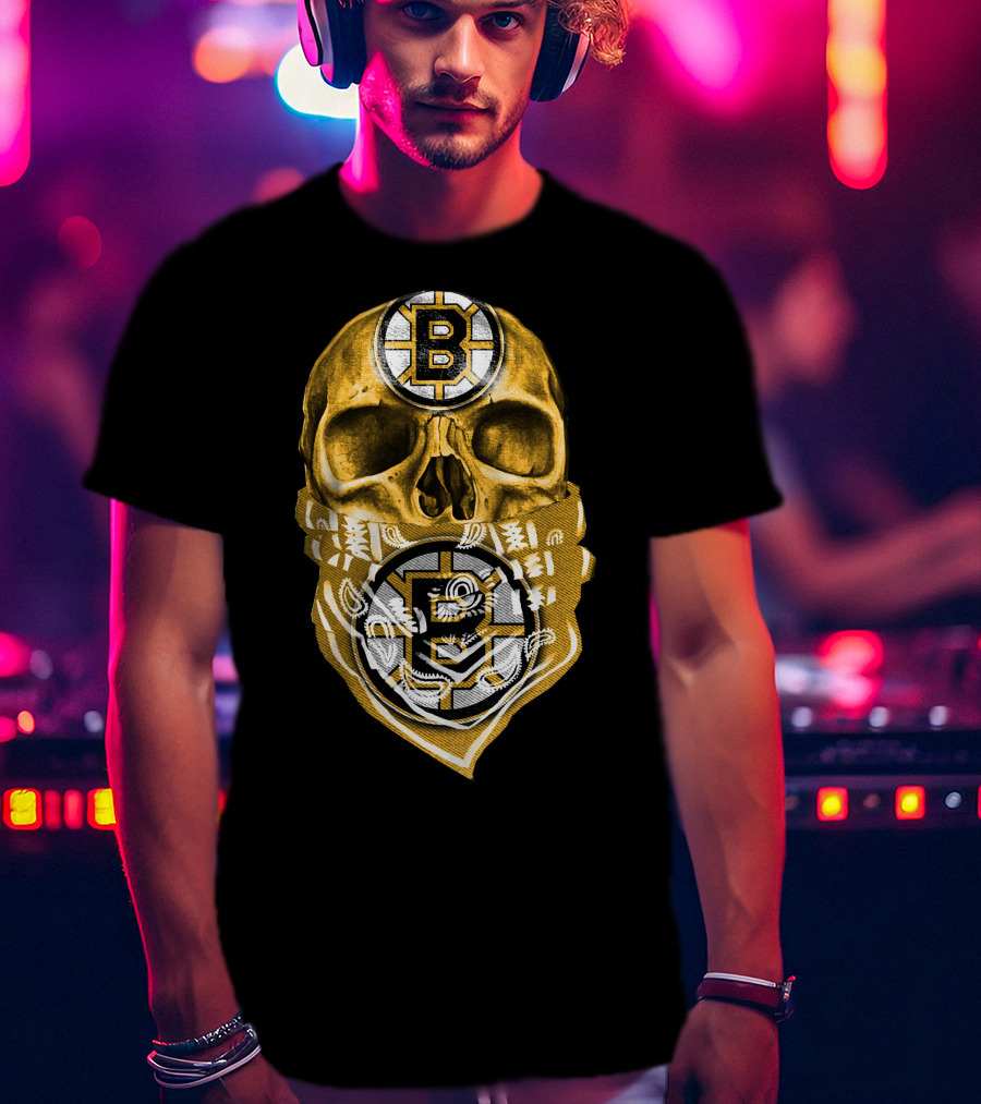 Boston Bruins Skull Bandana Logo Fan T-Shirt