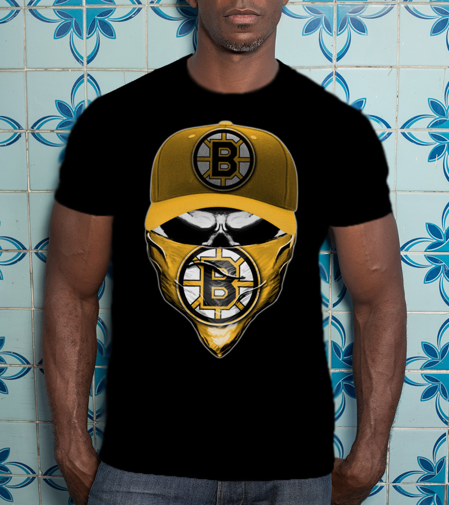 Skull Boston Bruins Logo Cap Mask T-Shirt