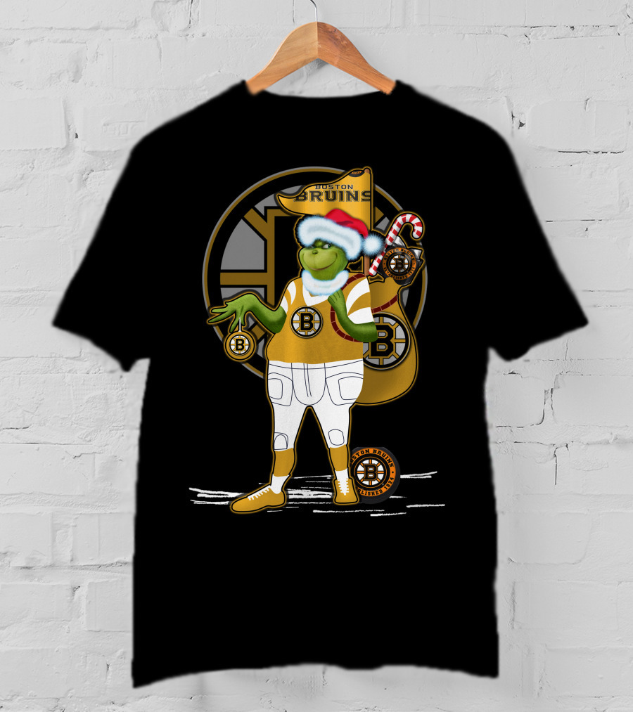 Grinch Boston Bruins Santa Hat Candy Cane Bruins T-Shirt