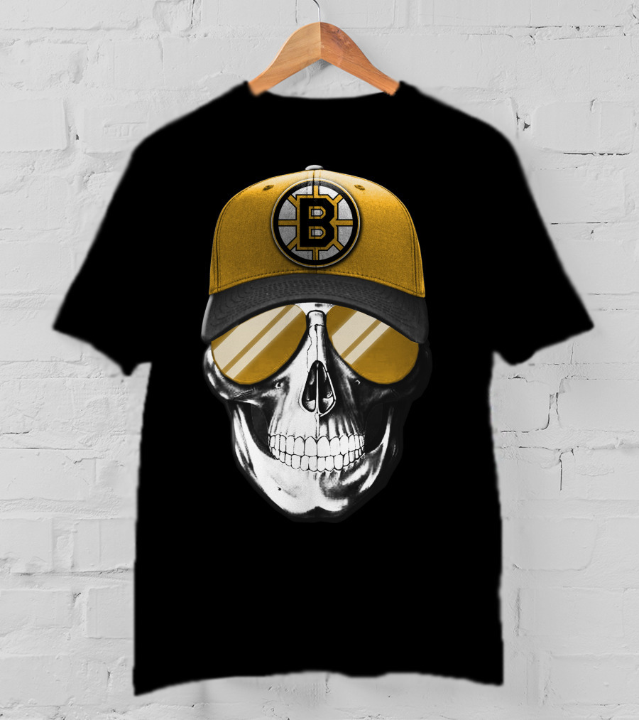 Skull In Yellow Boston Bruins Cap And Sunglasses T-Shirt