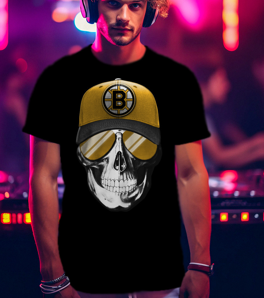 Skull In Yellow Boston Bruins Cap And Sunglasses T-Shirt