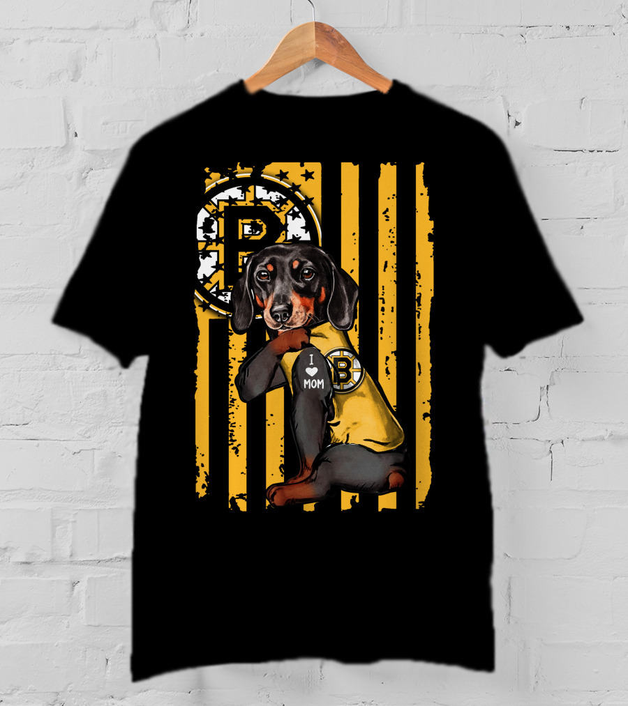 Dachshund I Love Mom Boston Bruins Stripes T-Shirt