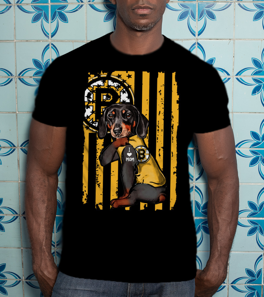 Dachshund I Love Mom Boston Bruins Stripes T-Shirt