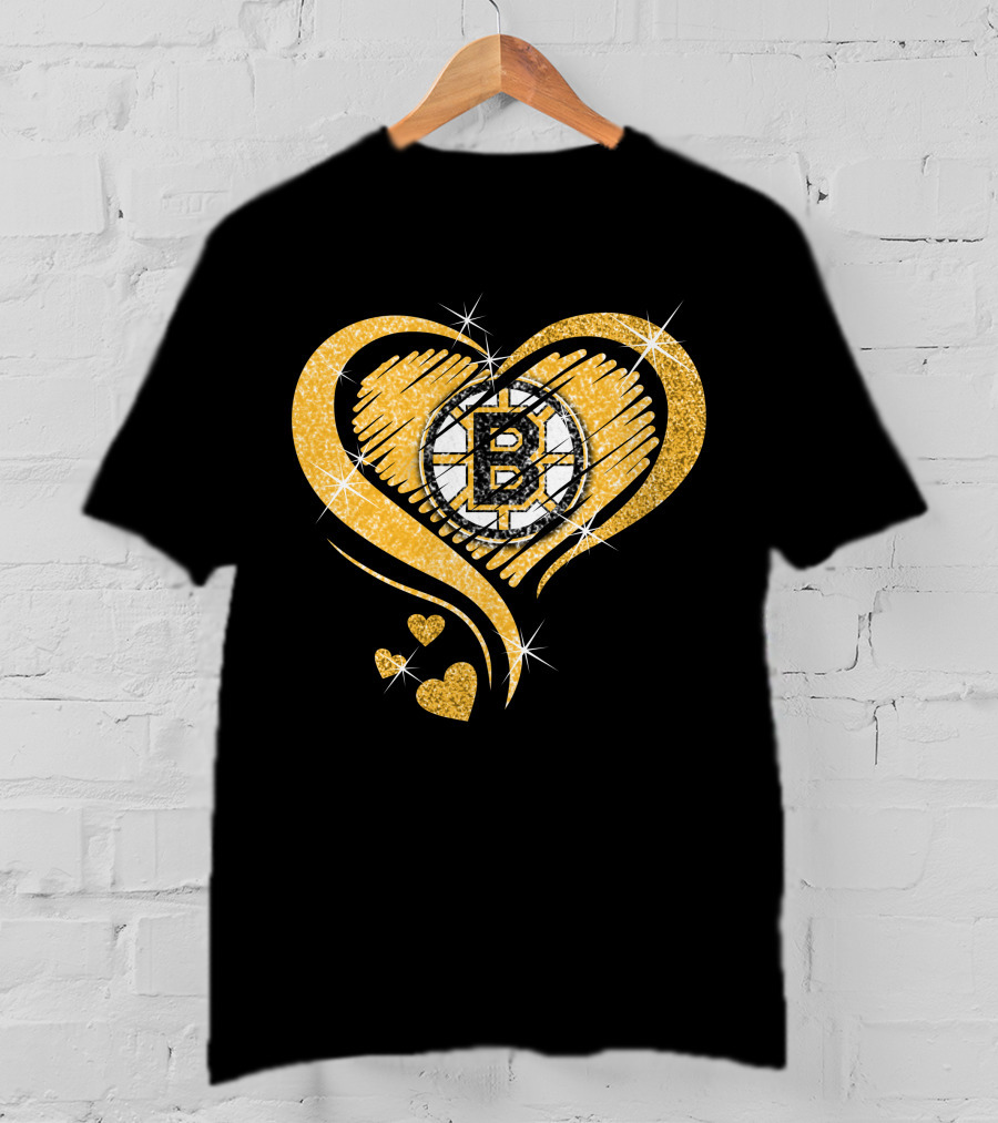 Boston Bruins Heart Glitter Logo Diamond T-Shirt