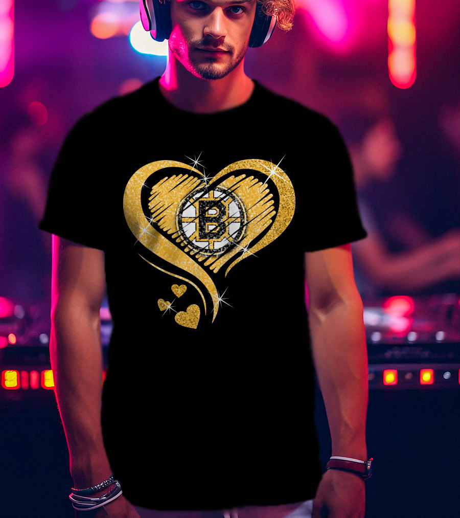 Boston Bruins Heart Glitter Logo Diamond T-Shirt