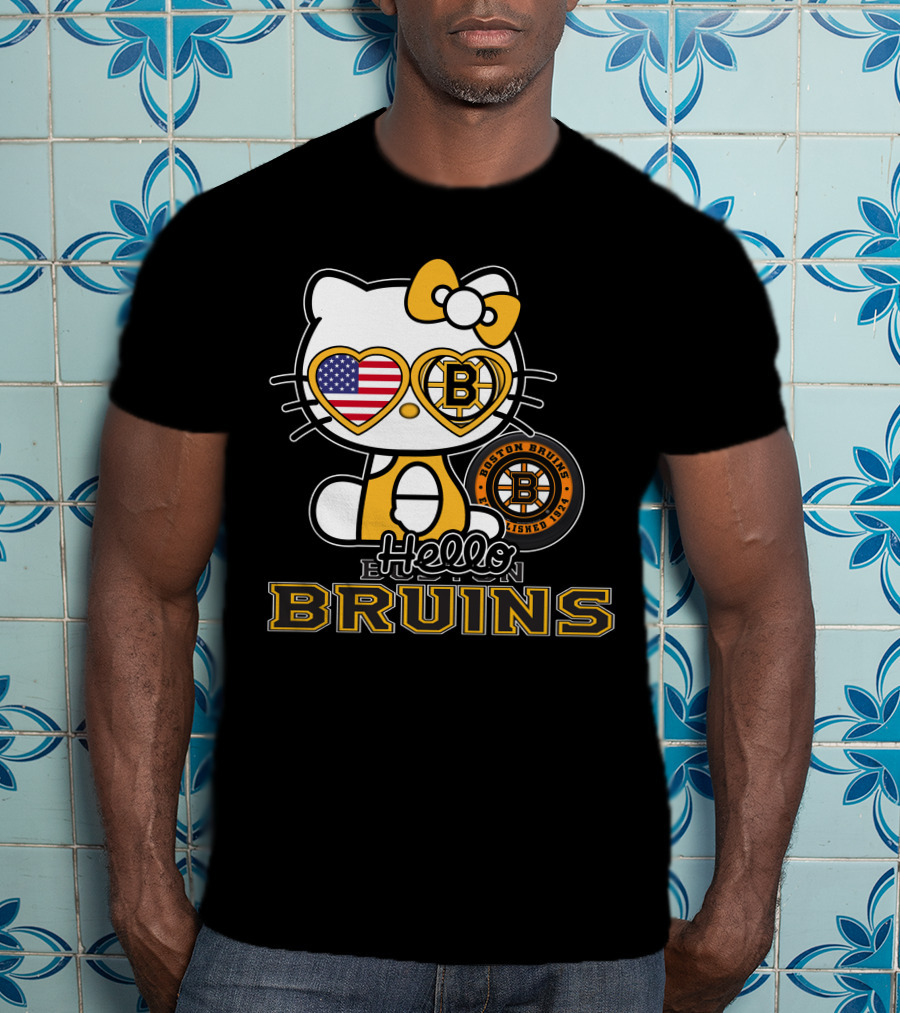 Hello Kitty Boston Bruins Established 1924 USA Flag Heart Sunglasses T-Shirt