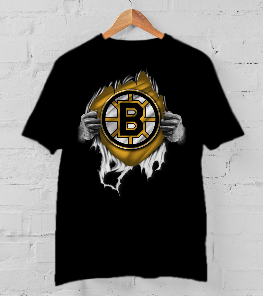 Torn Boston Bruins Hockey Emblem Revealed By Ripping Hands T-Shirt