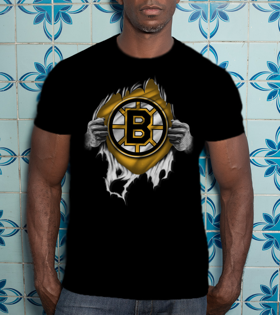 Torn Boston Bruins Hockey Emblem Revealed By Ripping Hands T-Shirt