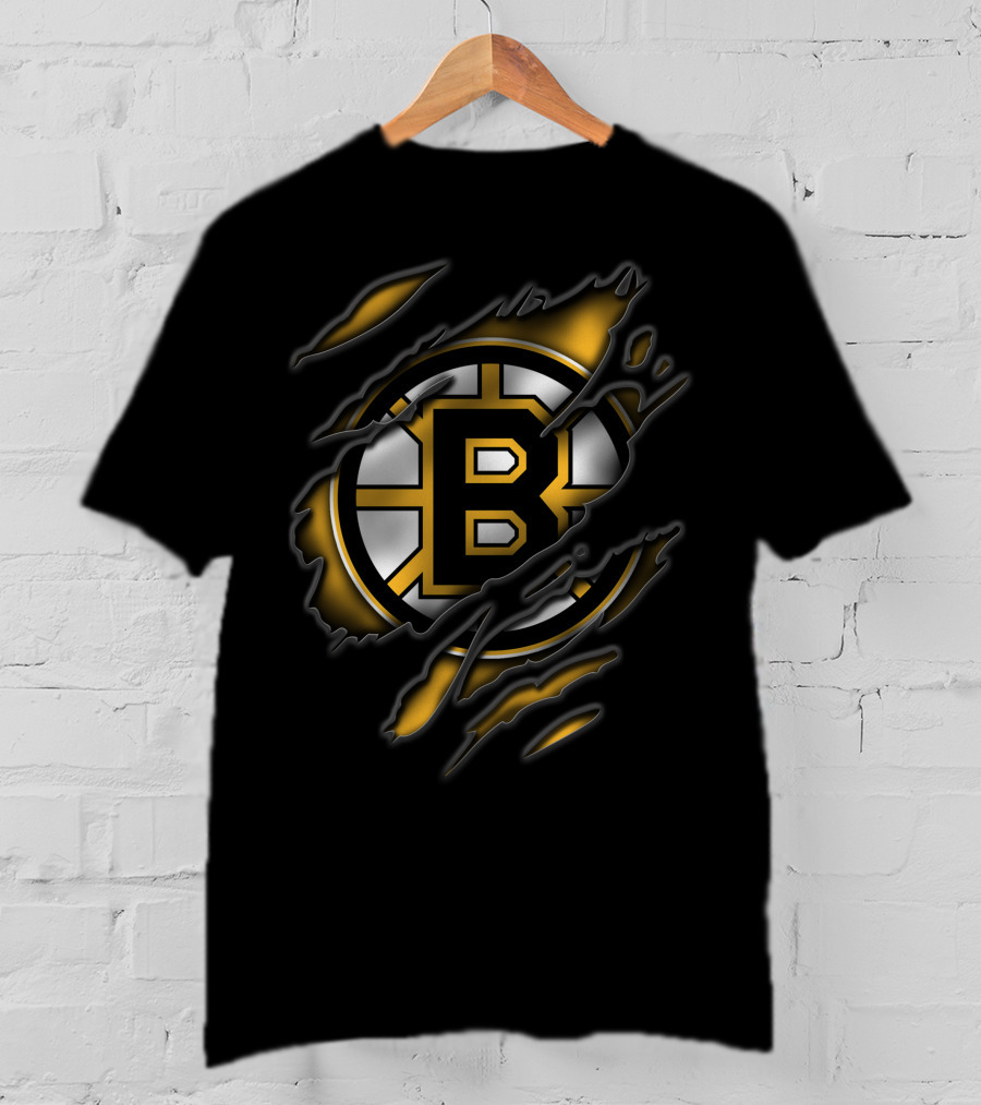 Torn Boston Bruins Logo Emblem Ripped Claw Marks T-Shirt