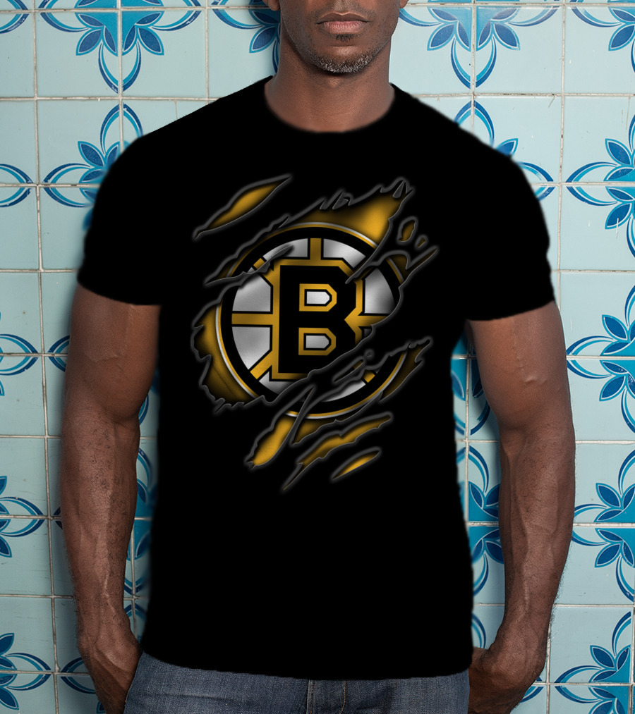 Torn Boston Bruins Logo Emblem Ripped Claw Marks T-Shirt