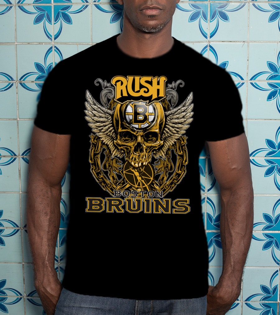 RUSH Boston Bruins Skull Wings Hockey Chains T-Shirt