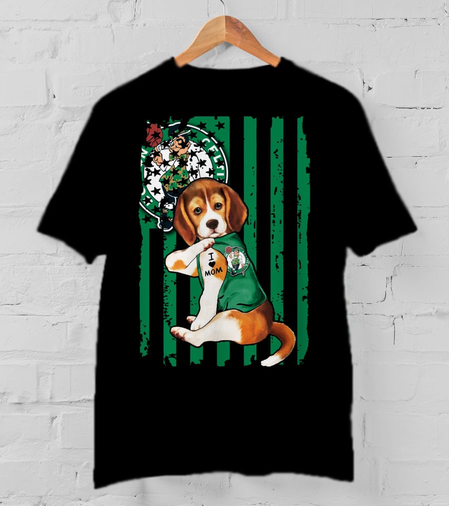 Beagle I Love Mom Boston Celtics Green Stripes T-Shirt