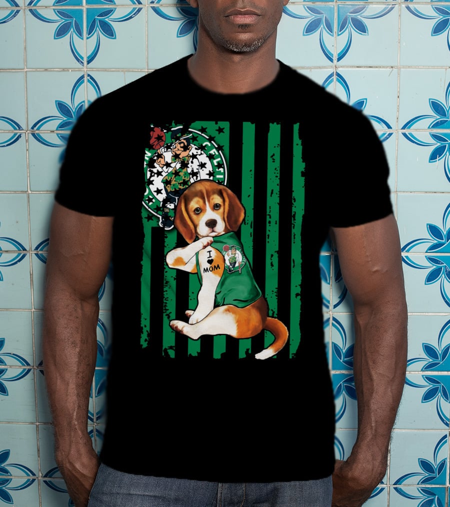 Beagle I Love Mom Boston Celtics Green Stripes T-Shirt