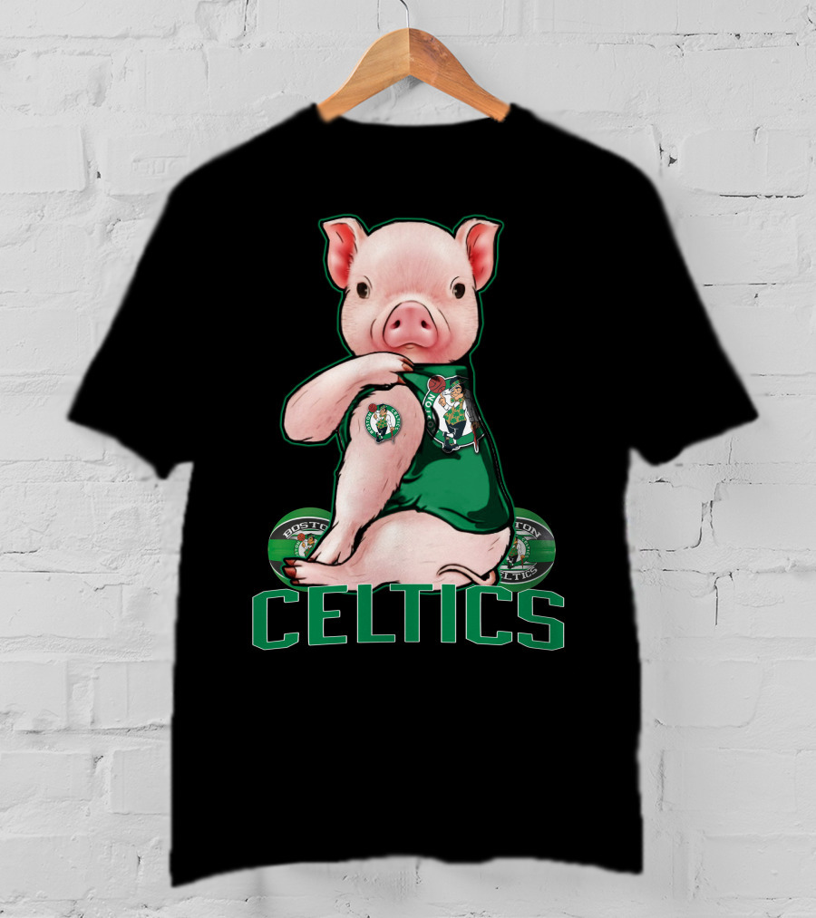 Pig Wearing Boston Celtics Logo Jersey With Celtics Text T-Shirt
