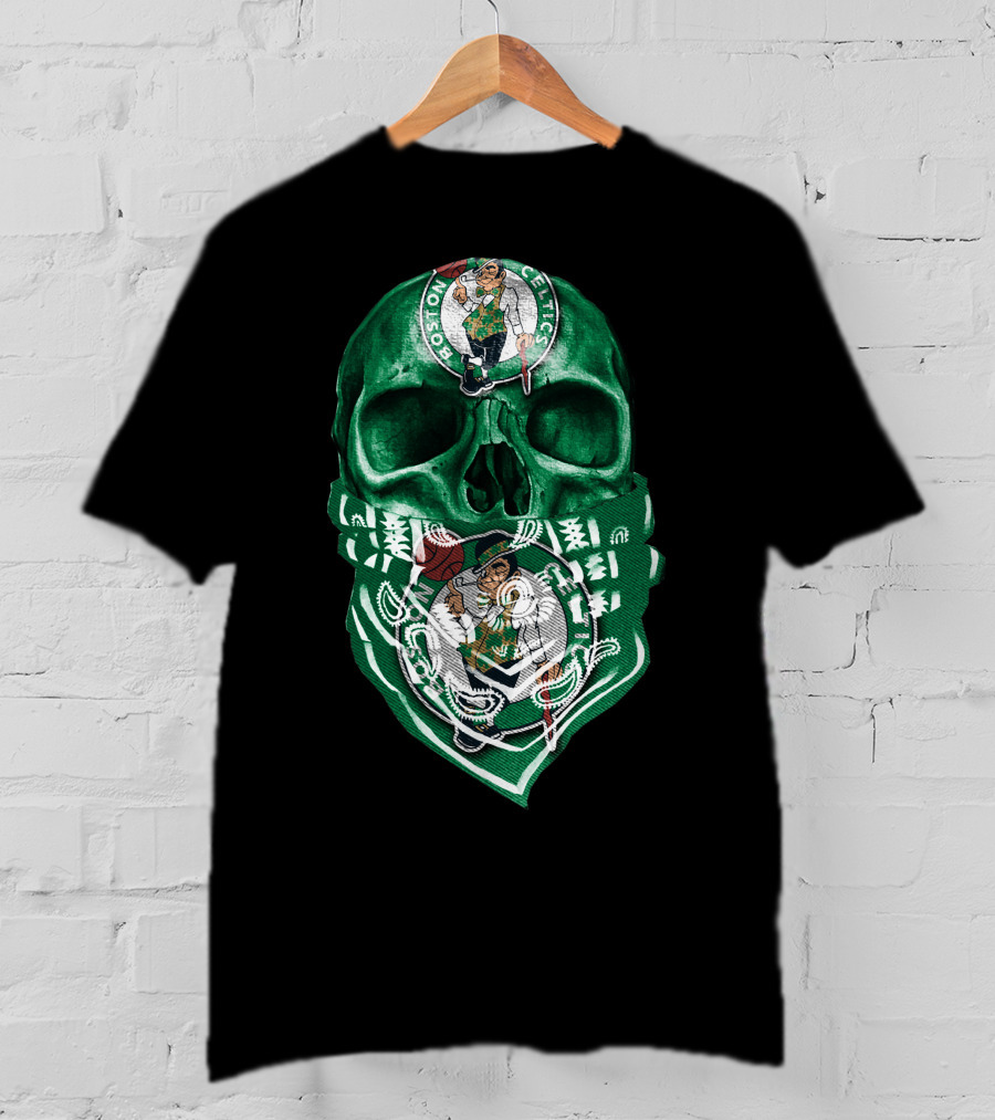 Boston Celtics Skull With Iconic Logos And Green Bandana T-Shirt