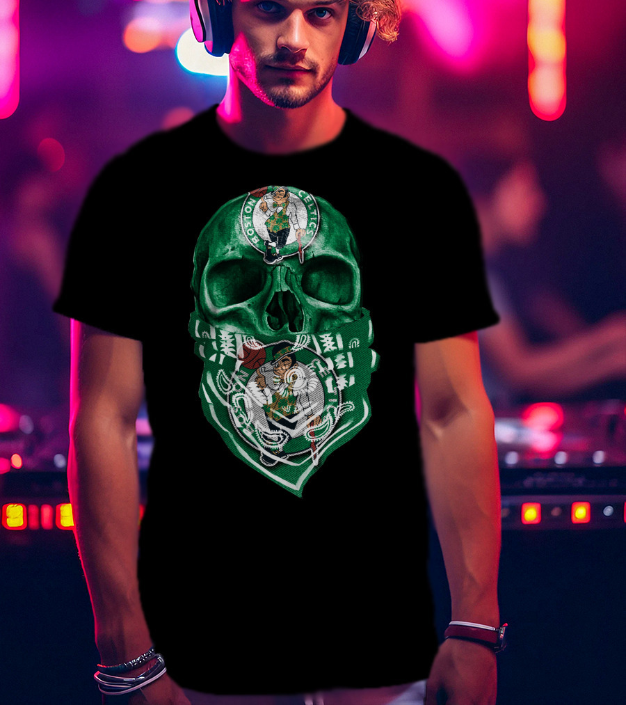 Boston Celtics Skull With Iconic Logos And Green Bandana T-Shirt