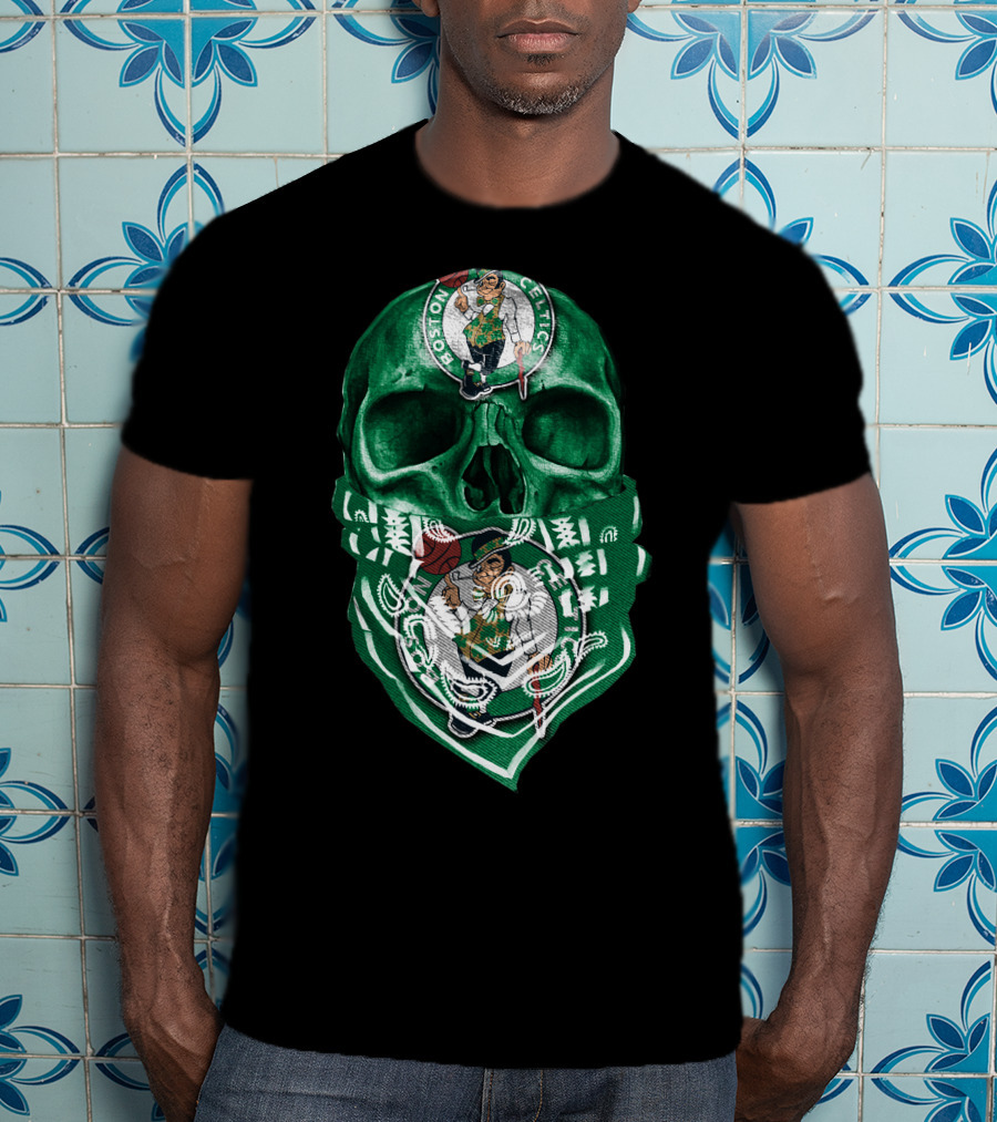 Boston Celtics Skull With Iconic Logos And Green Bandana T-Shirt
