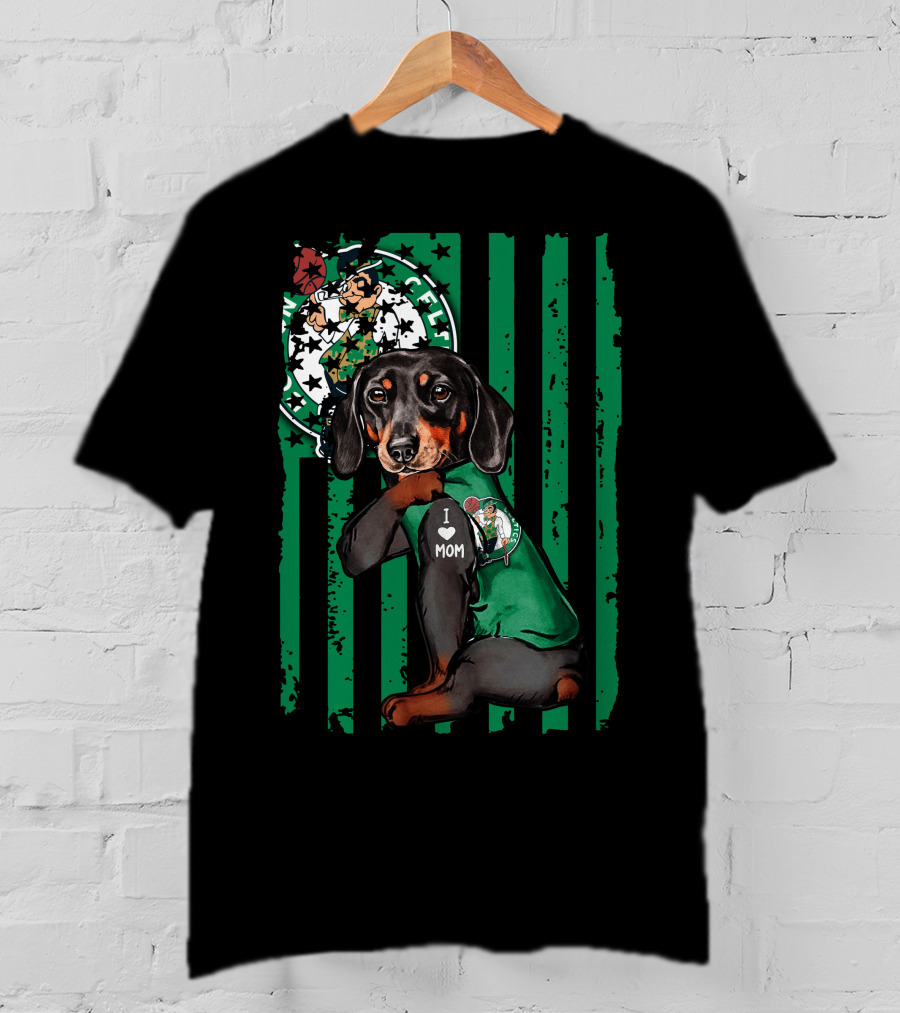 Dachshund Wearing I Love Mom Shirt With Boston Celtics Logo And Mascot T-Shirt