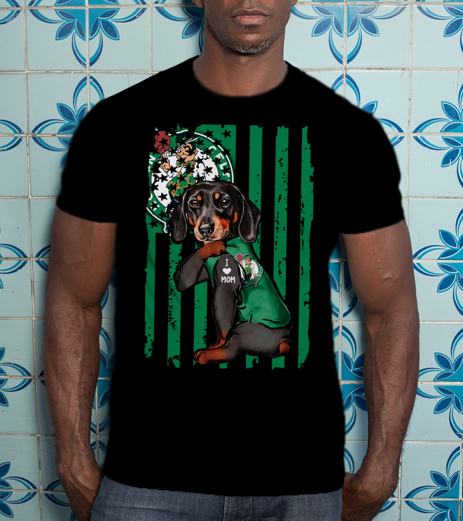 Dachshund Wearing I Love Mom Shirt With Boston Celtics Logo And Mascot T-Shirt