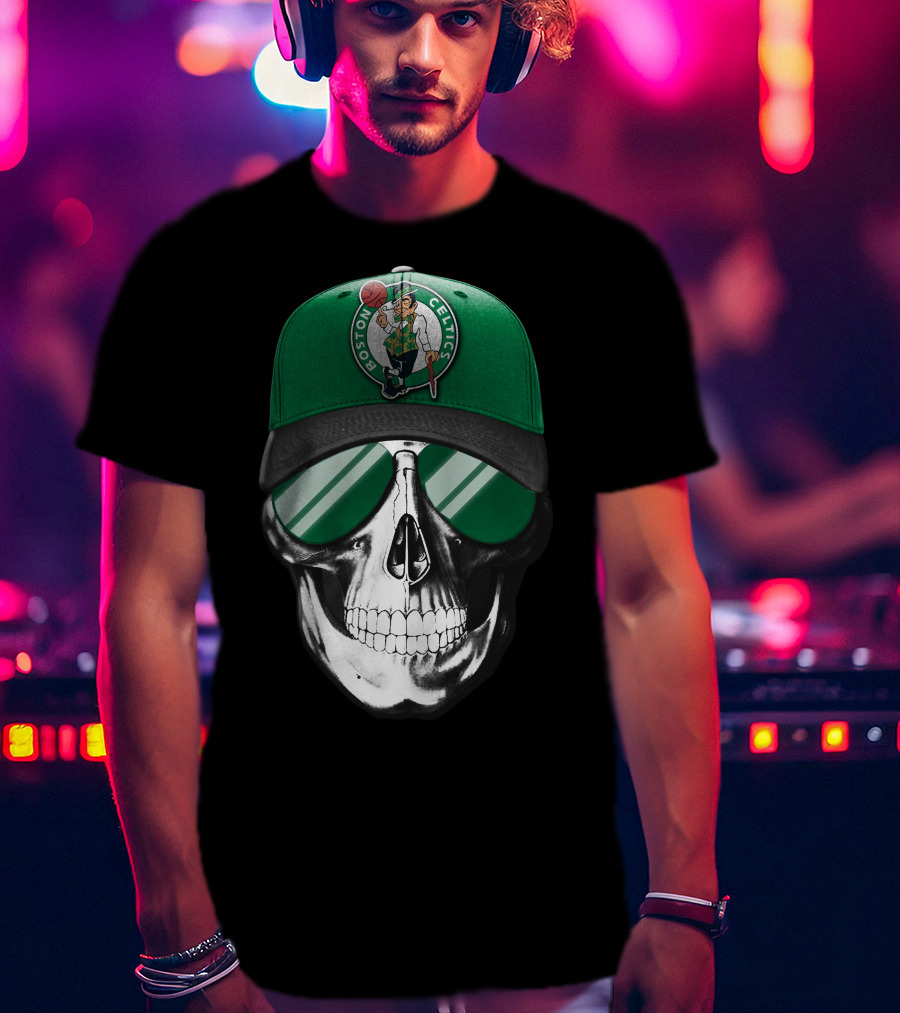 Boston Celtics Skull With Hat And Sunglasses T-Shirt