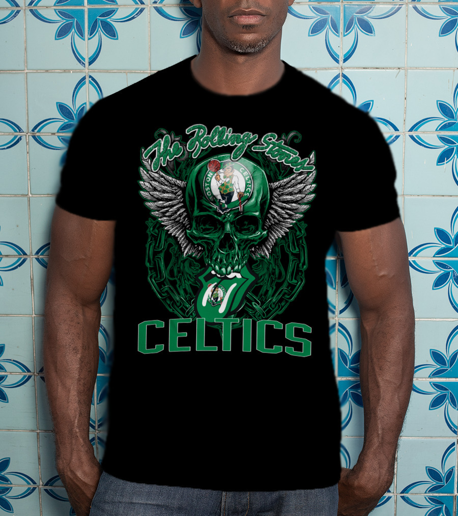 The Rolling Stones Celtics Boston Basketball Skull Logo Mashup T-Shirt
