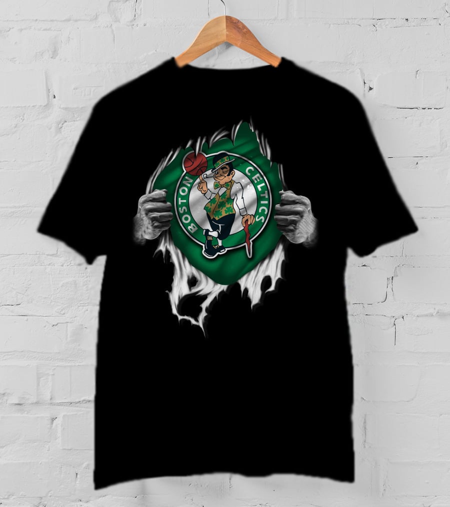 Torn Boston Celtics Ripped Logo Hands Peeling Away Revealing Team Emblem T-Shirt