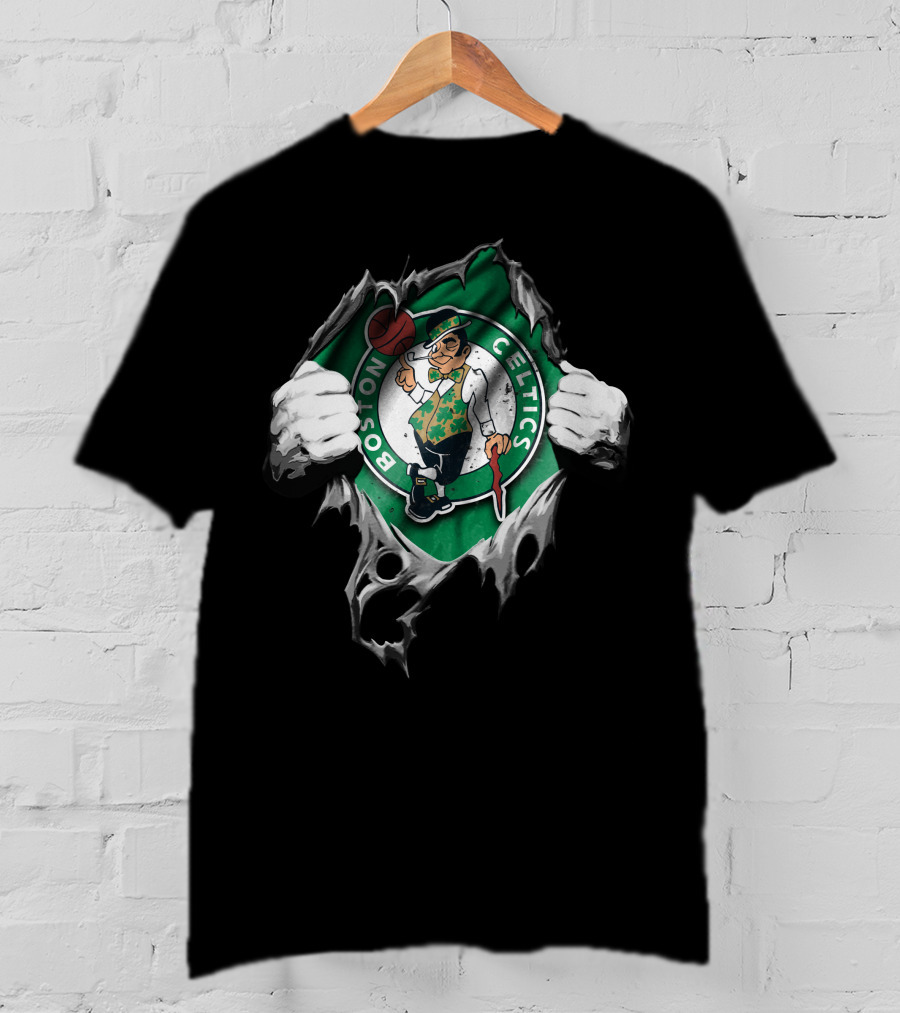 Boston Celtics Logo Torn Through Green And Black T-Shirt