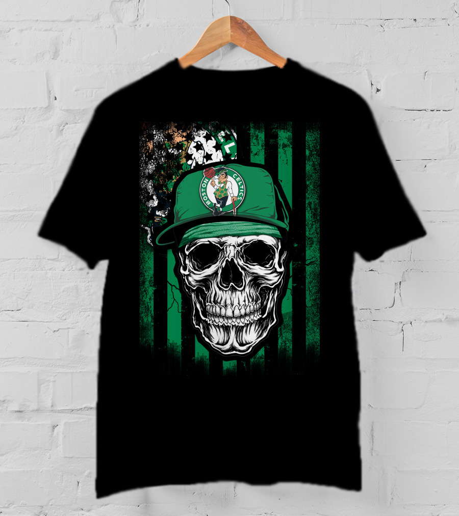 Boston Celtics Skull With Team Logo Hat T-Shirt