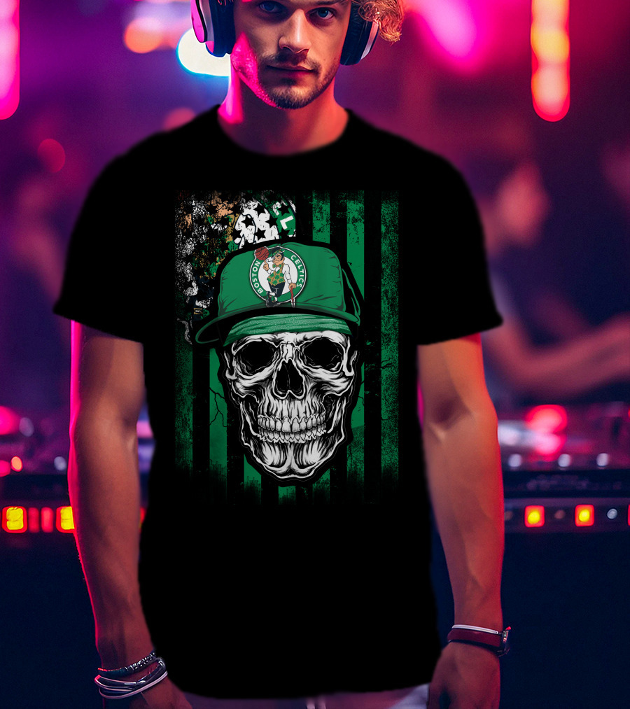 Boston Celtics Skull With Team Logo Hat T-Shirt
