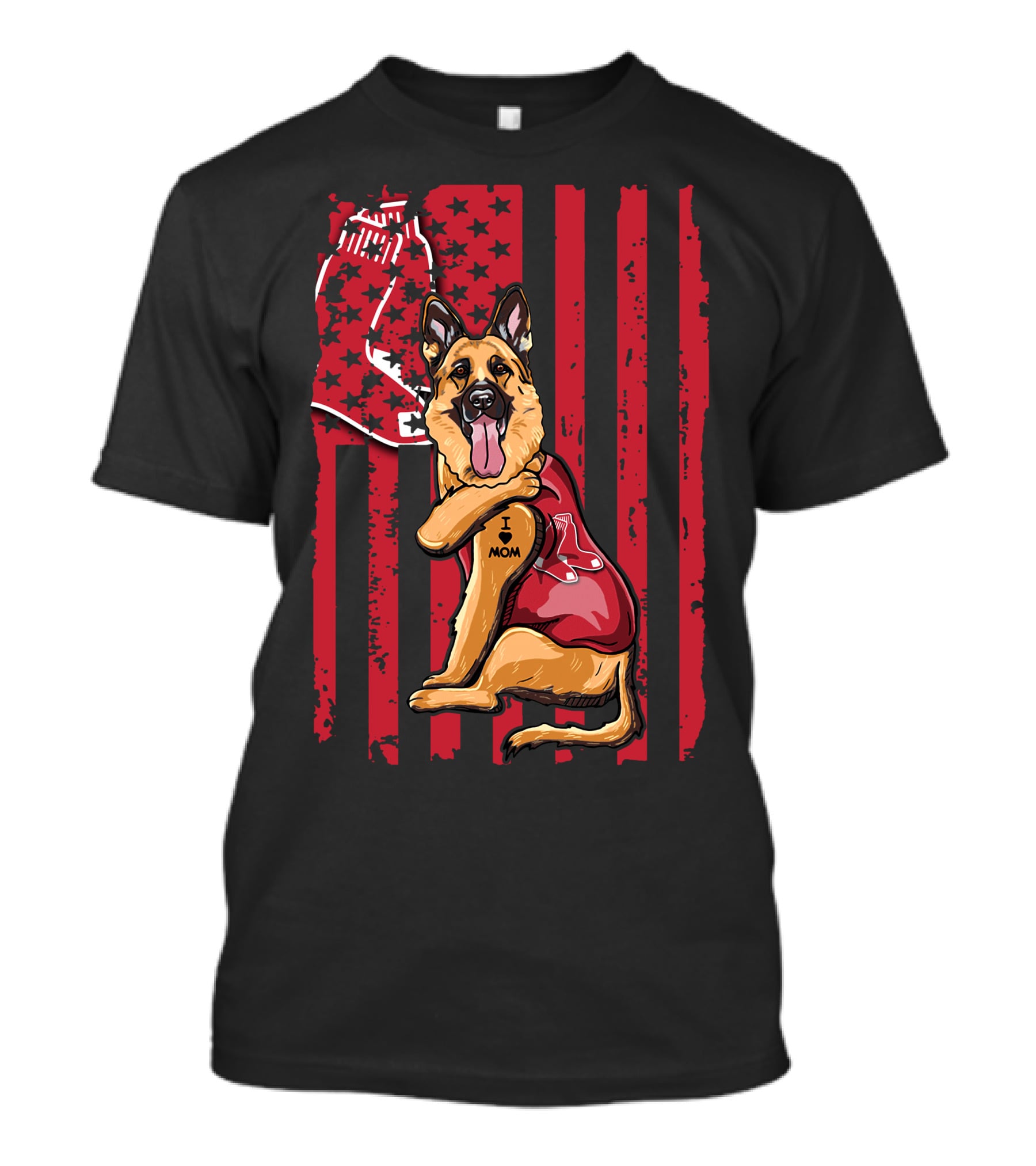 German Shepherd Boston Red Sox I Love Mom Baseball Bat And Glove T-Shirt