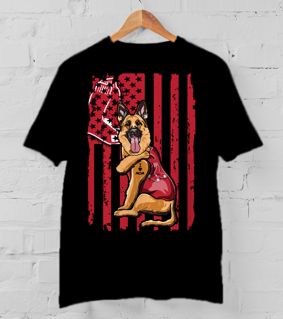German Shepherd Boston Red Sox I Love Mom Baseball Bat And Glove T-Shirt