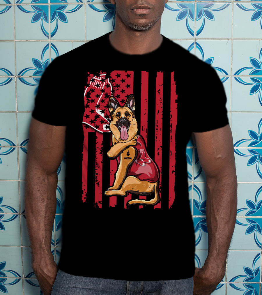 German Shepherd Boston Red Sox I Love Mom Baseball Bat And Glove T-Shirt