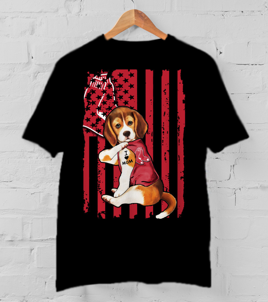 Beagle Puppy With Boston Red Sox Jersey And I Love Mom Tattoo On American Flag Background T-Shirt
