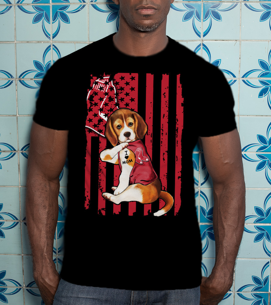 Beagle Puppy With Boston Red Sox Jersey And I Love Mom Tattoo On American Flag Background T-Shirt