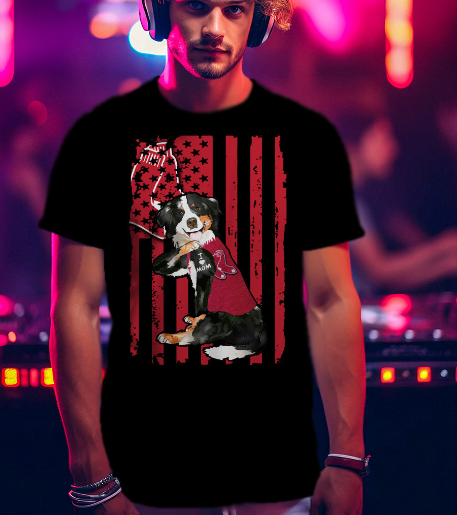 Border Collie I Love Mom Boston Red Sox Baseball Patriotic T-Shirt