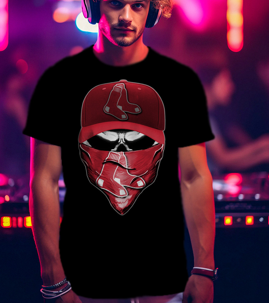 Skull Wearing Boston Red Sox Cap And Bandana T-Shirt