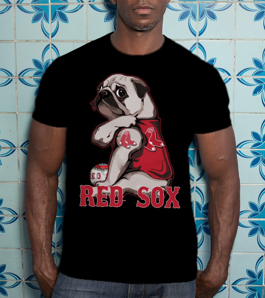 Pug With Boston Red Sox Jersey And Baseball T-Shirt