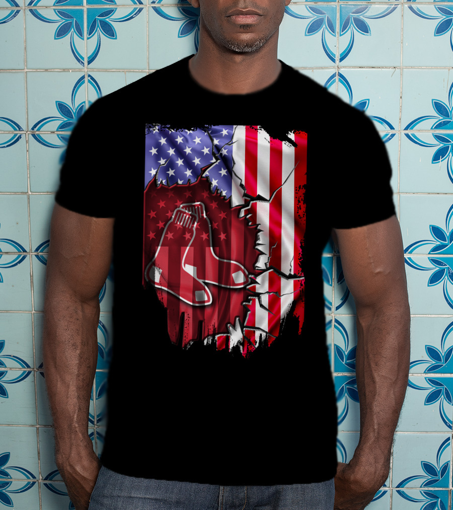 Flag Boston Red Sox American Stars And Stripes Patchwork T-Shirt